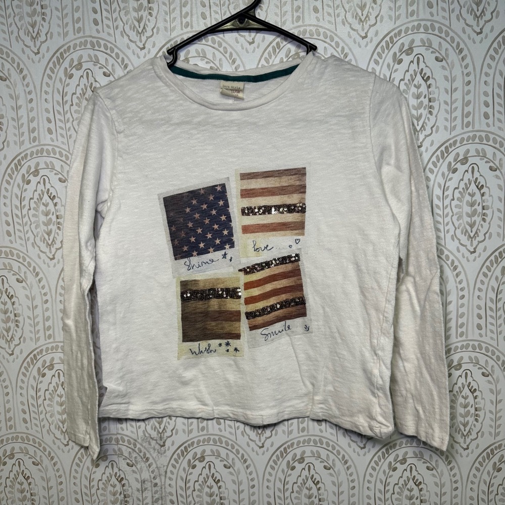 Zara Girls Long Sleeve Top‎ White American Flag Sparkle Shine Love Smile 11-12